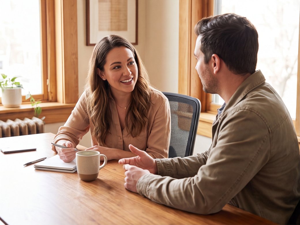 Accountant meeting with a small-business owner at a desk with all financial details out of view