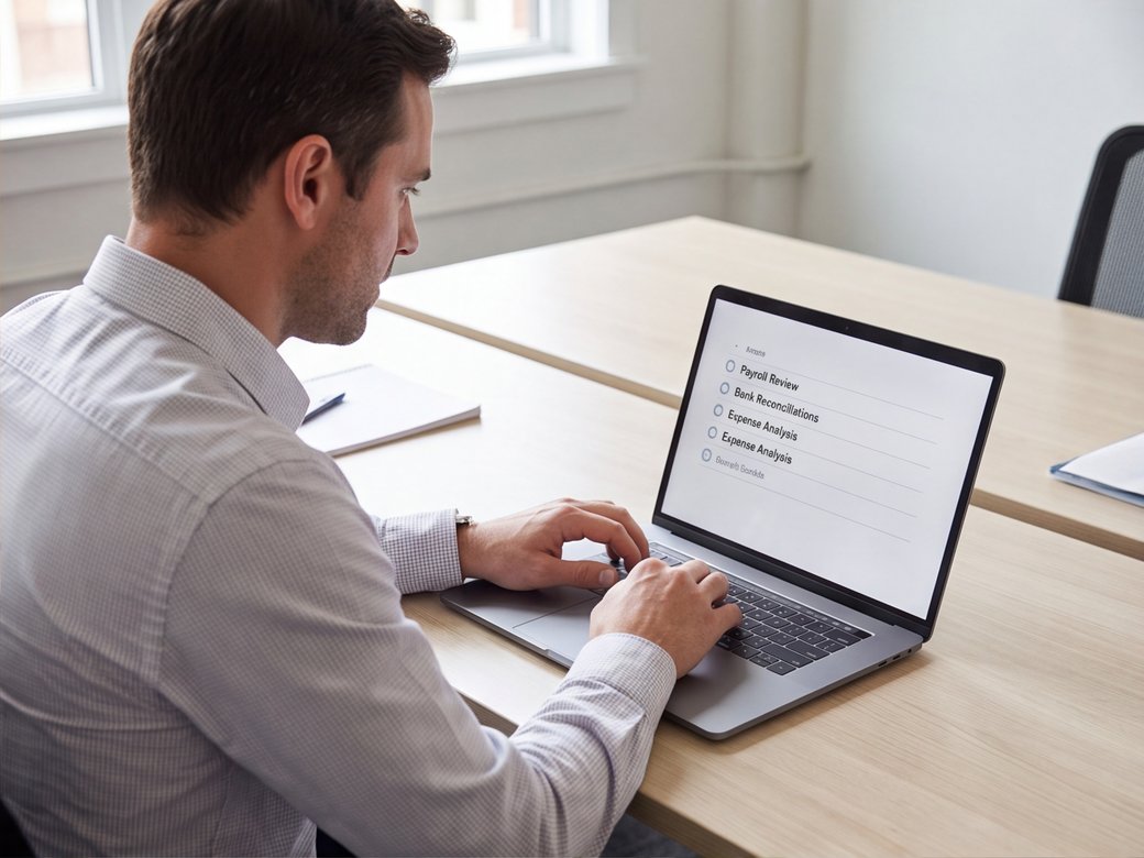 Accounting professional reviewing a document-request checklist on a laptop with no client details visible