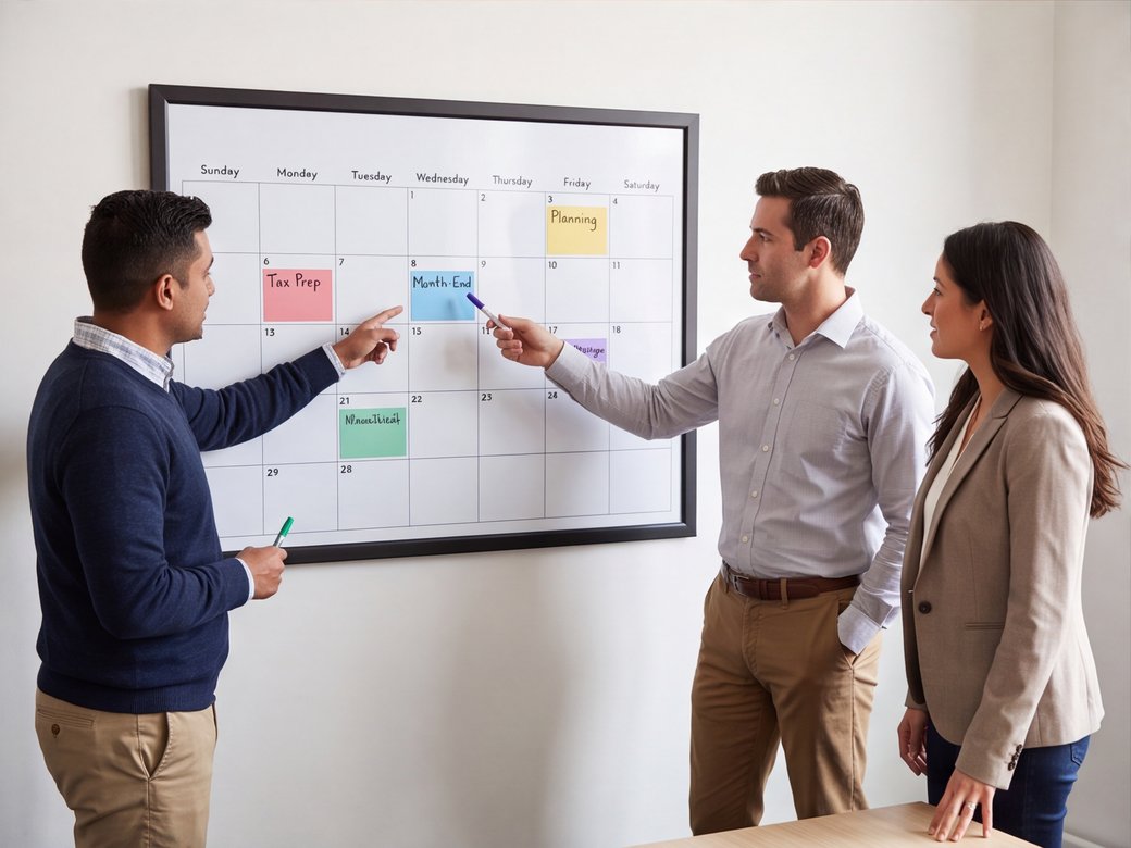 Accounting team planning tax, payroll, and month-end workload on a wall calendar without client names