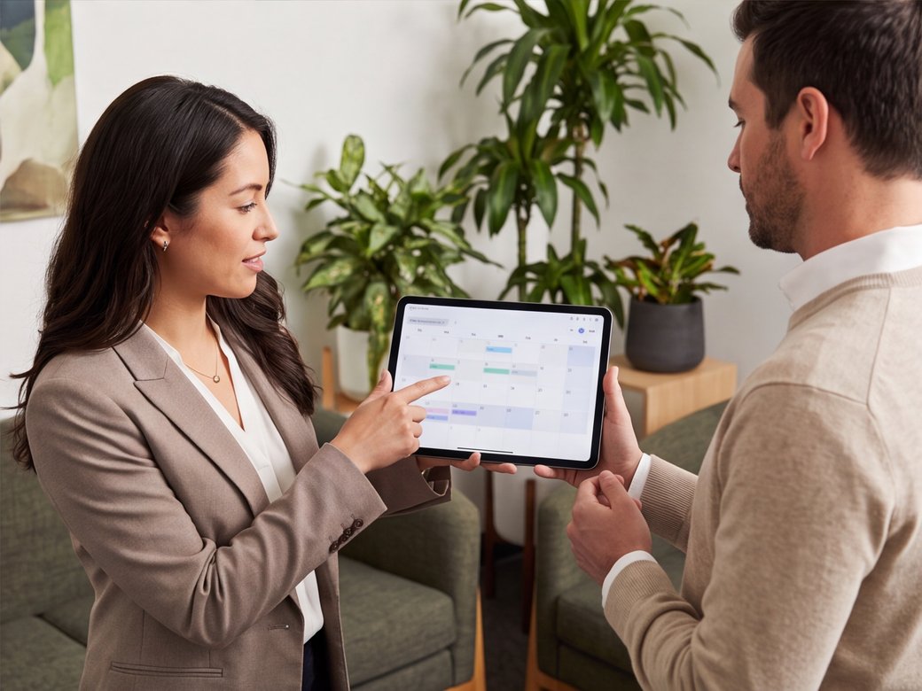 Accountant explaining a year-round reporting schedule to a business owner with the screen unreadable