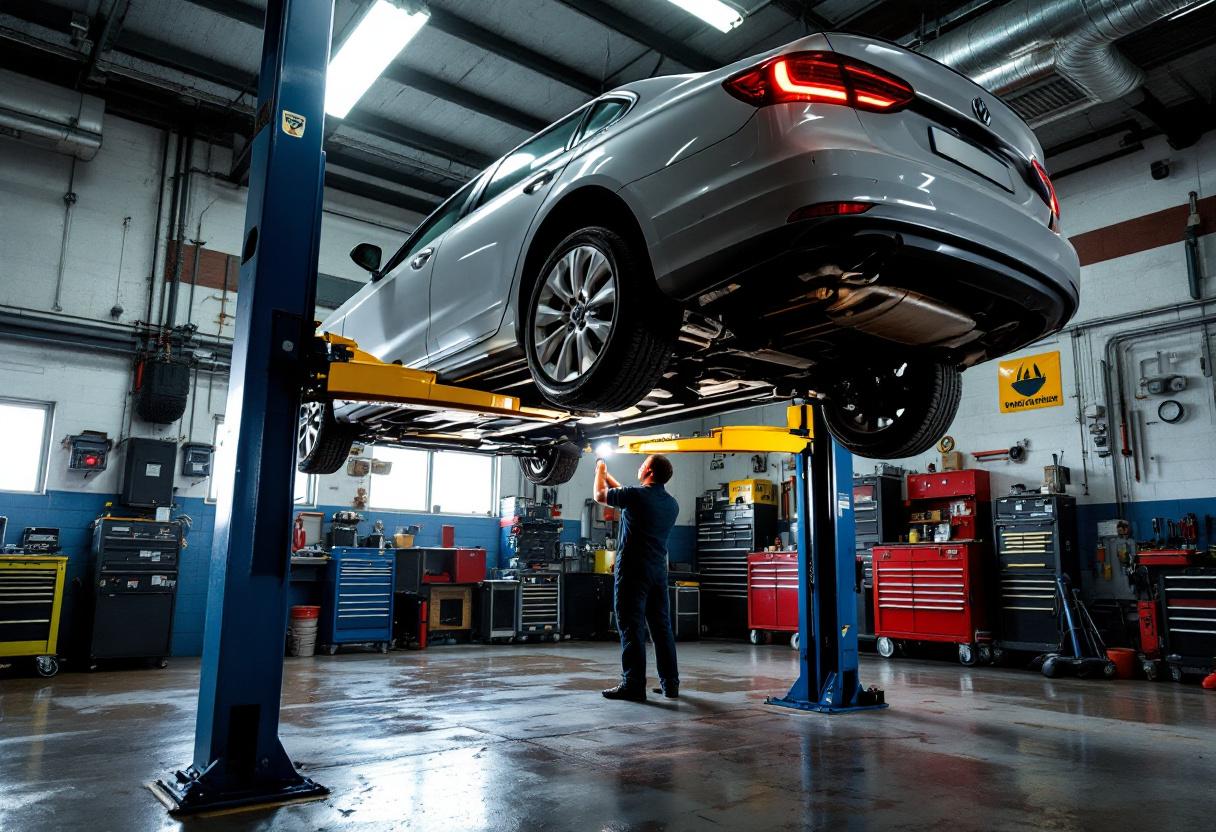 Auto repair tech inspecting a control arm on a vehicle on the lift