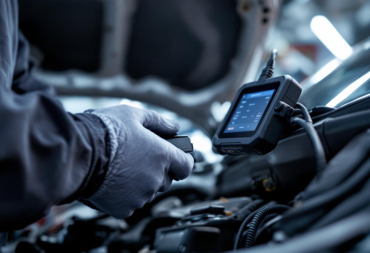 Technician using an OBD diagnostic scanner