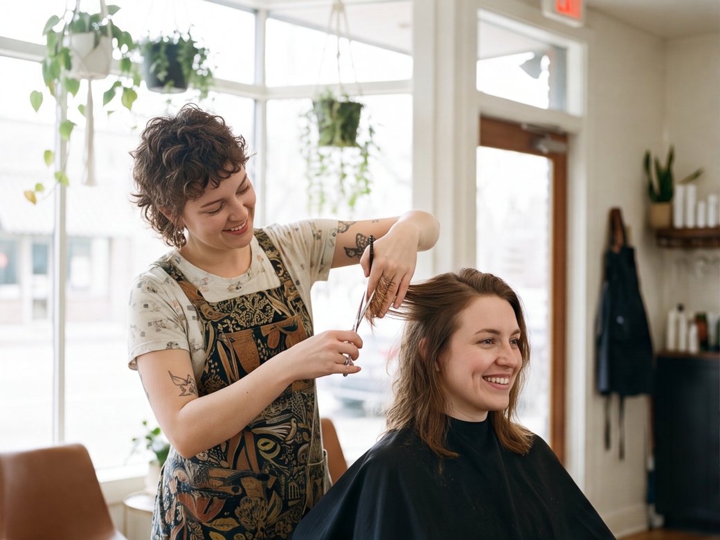 Stylist finishing a client haircut at a bright independent salon station