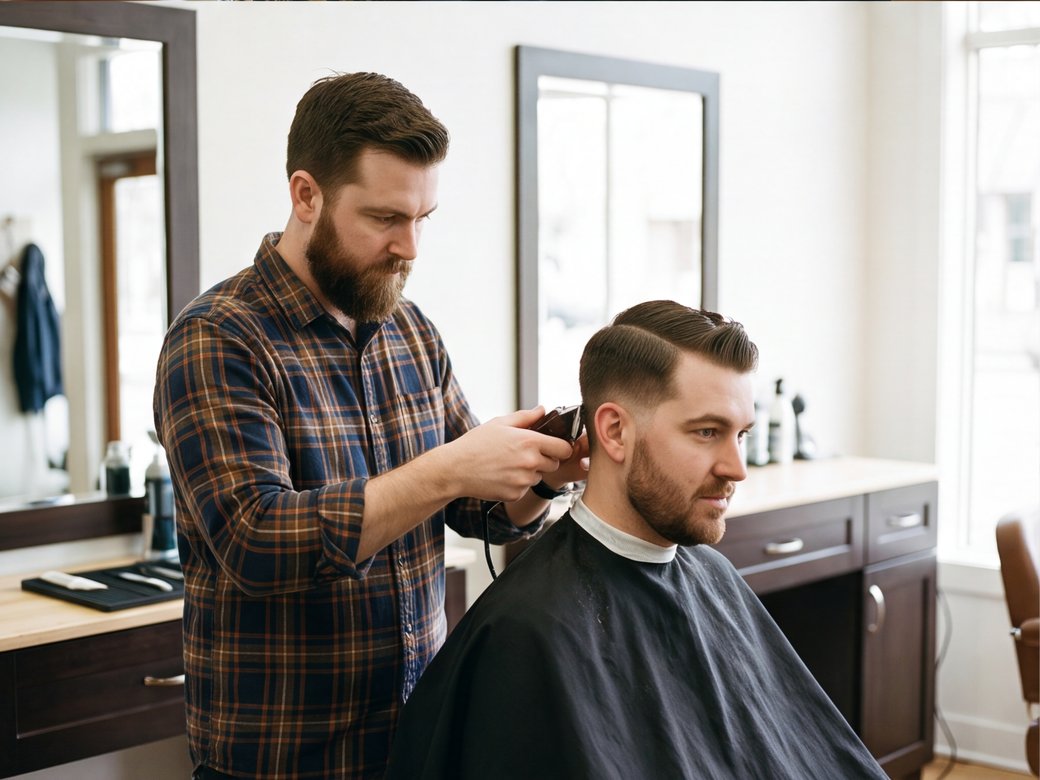 Barber shaping a client haircut with clippers at a clean barbershop station