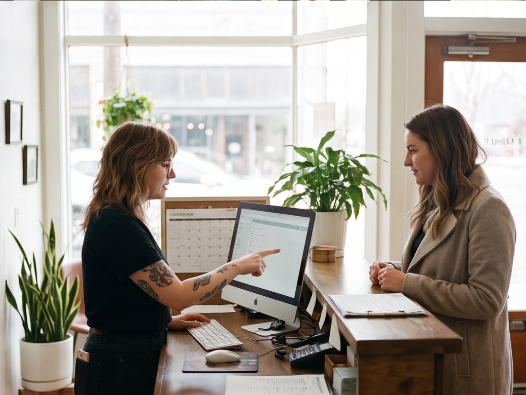 Receptionist and client selecting a return appointment at a salon front desk