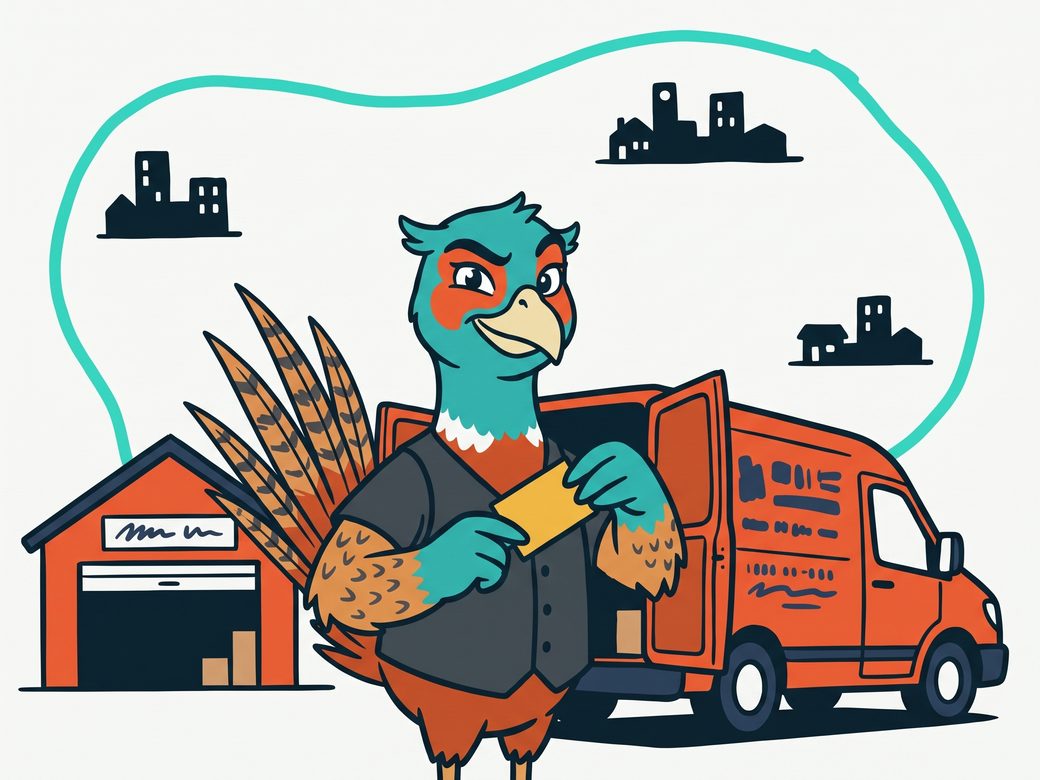 Cartoon pheasant Ringo standing beside a lettered work van at a home shop, tucking a street address card into his vest pocket while a wide boundary line loops around three small towns behind him