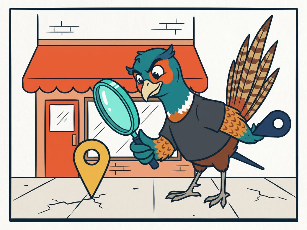 Cartoon pheasant Ringo inspecting a map pin with a magnifying glass on a small town street while holding back a second identical pin behind his back