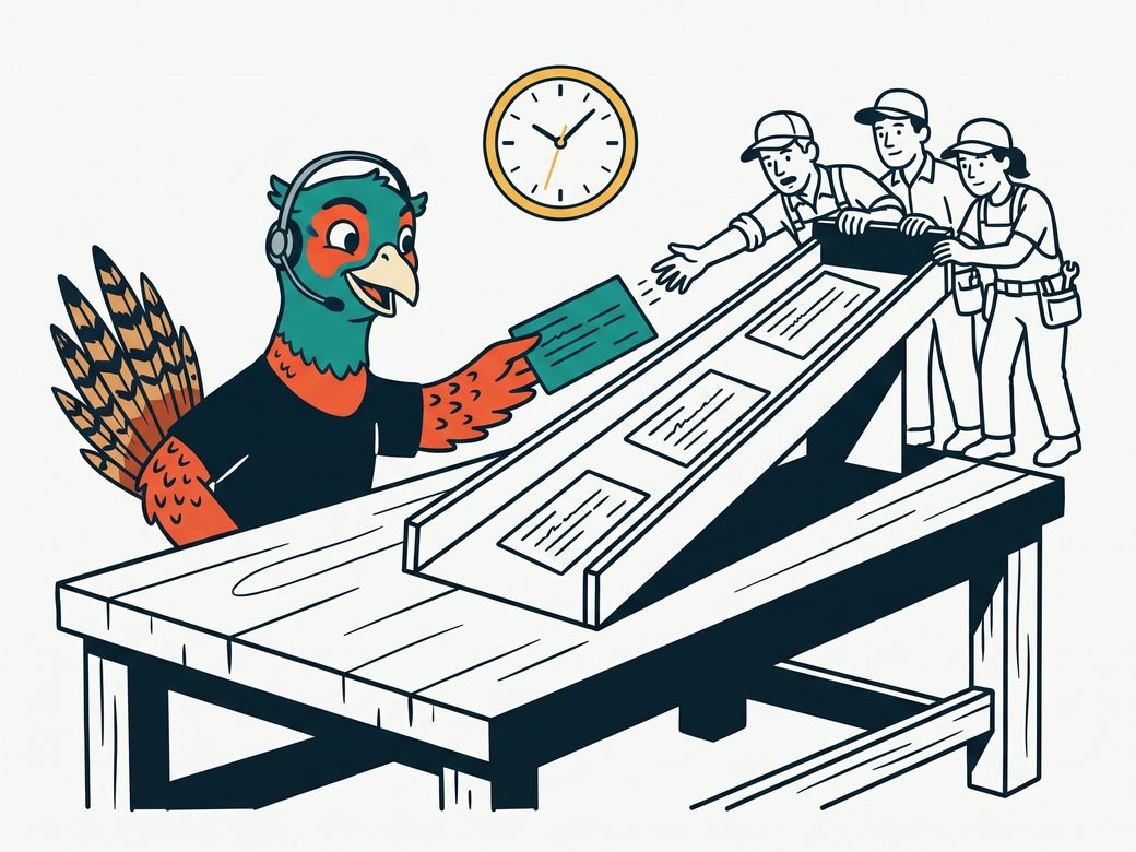 Cartoon of Ringo the pheasant wearing a headset, grabbing the first of four identical inquiry cards sliding down a chute while three other tradespeople reach for the same cards