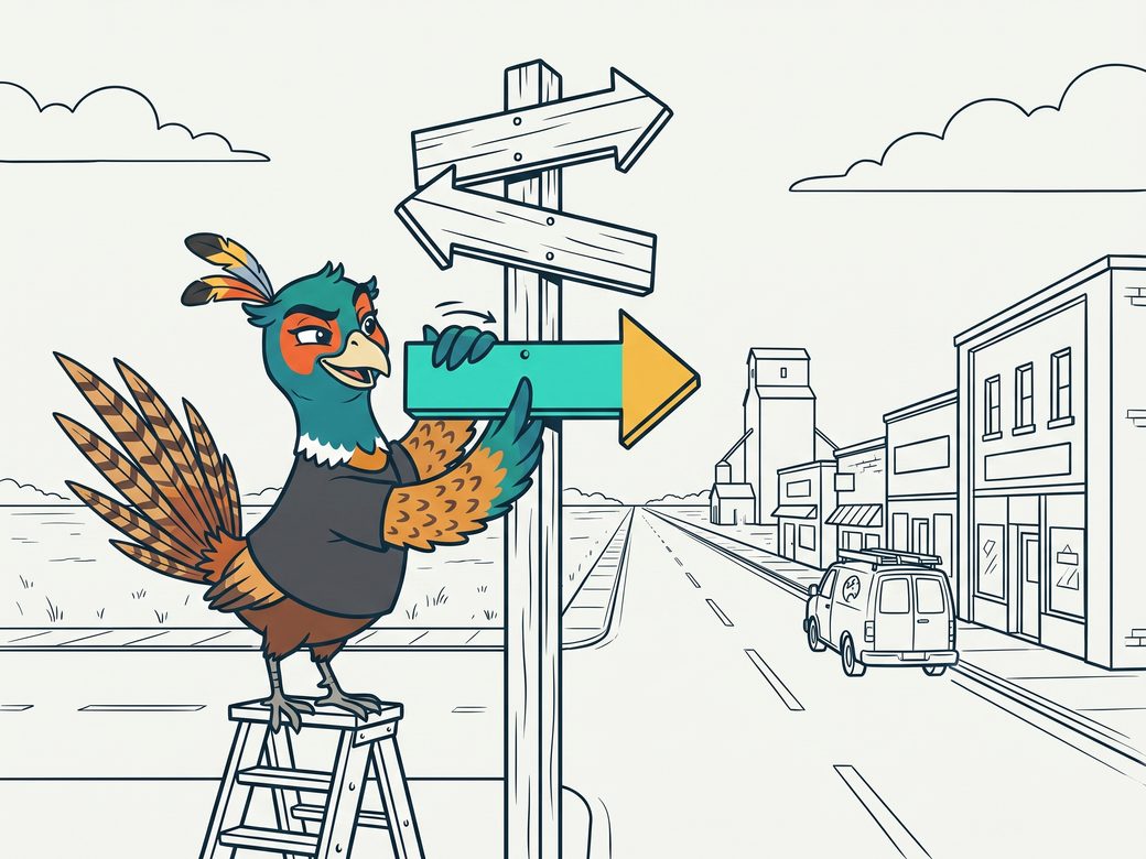 Cartoon of Ringo the pheasant in a charcoal shirt standing at a small-town crossroads, reaching up to turn one signpost arrow among several pointing different directions