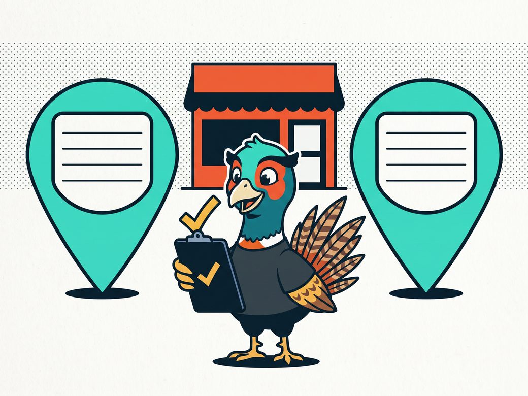 Cartoon pheasant Ringo standing between two map pins in front of one small shop, holding a clipboard and checking that the details on both pins match