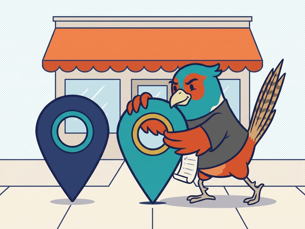 Cartoon pheasant Ringo planting a second map pin beside an existing one in front of a small main street shop while holding a listing checklist