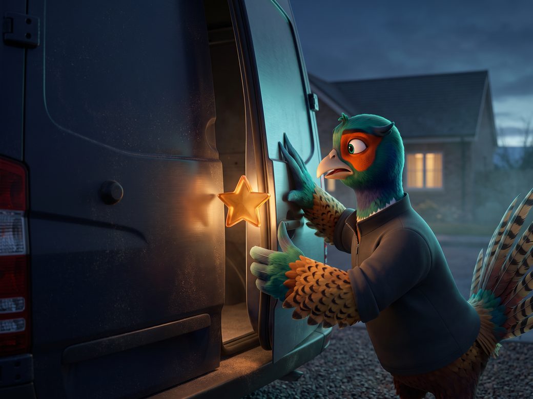 Ringo the pheasant holds the rear door of a dark service van open at dusk while a single glowing star hovers in the narrowing gap