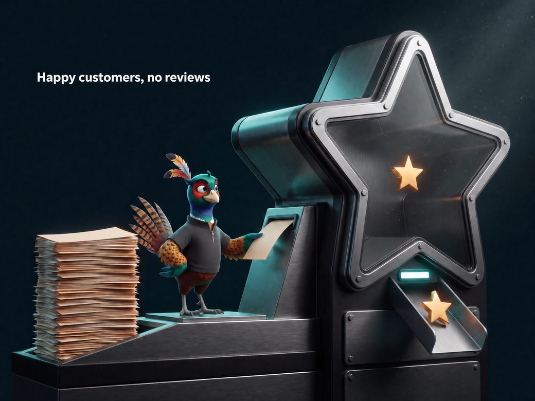 Dark navy night scene where Ringo the pheasant in a charcoal quarter-zip works a glossy brass machine stacked with finished job tickets while one glowing star drops into its collection vault