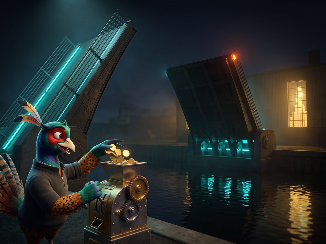 Dark cinematic scene of Ringo the pheasant in a charcoal quarter-zip working a coin-operated drawbridge at night, dropping coins into a glowing mechanism that raises the near span toward a lit calendar of booked jobs on the far side