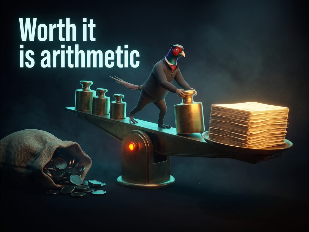 Dark cinematic scene of Ringo the pheasant in a charcoal quarter-zip sliding a glowing brass counterweight along the beam of a huge balance scale, weighing a sack of ad-spend coins against a stack of completed job invoices