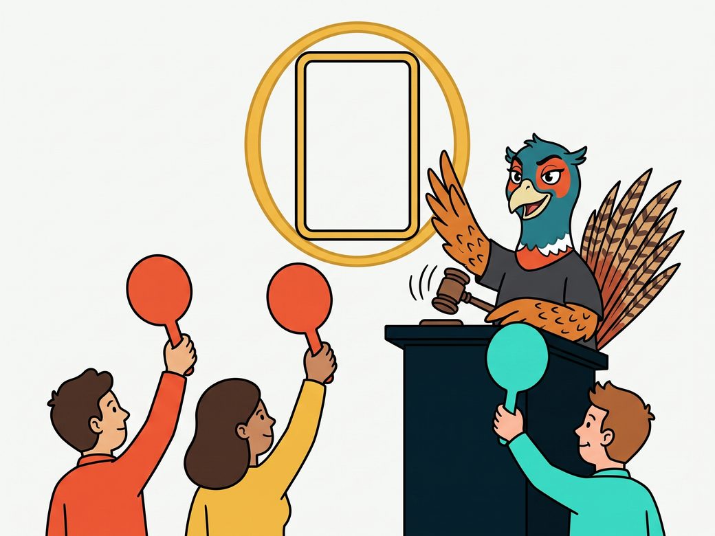 Cartoon pheasant Ringo running an auctioneer's podium beside a single phone-sized feed slot while three advertisers raise bidding paddles for it