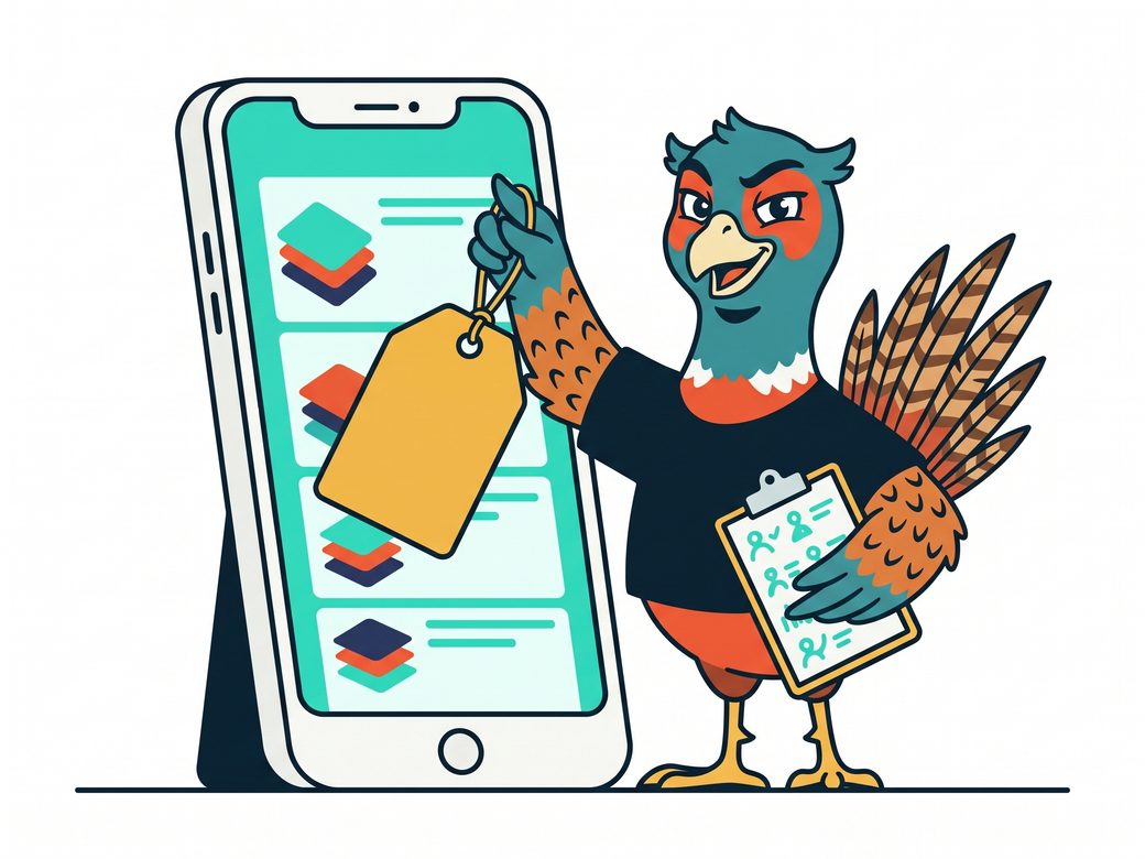 Cartoon pheasant Ringo holding a blank price tag up against a glowing phone feed while checking figures on a clipboard