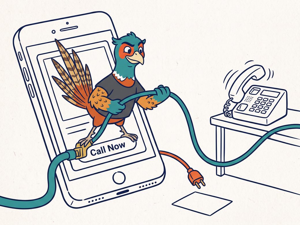Cartoon pheasant Ringo on a phone screen, plugging a teal cord from an ad's Call Now button straight into a ringing desk phone