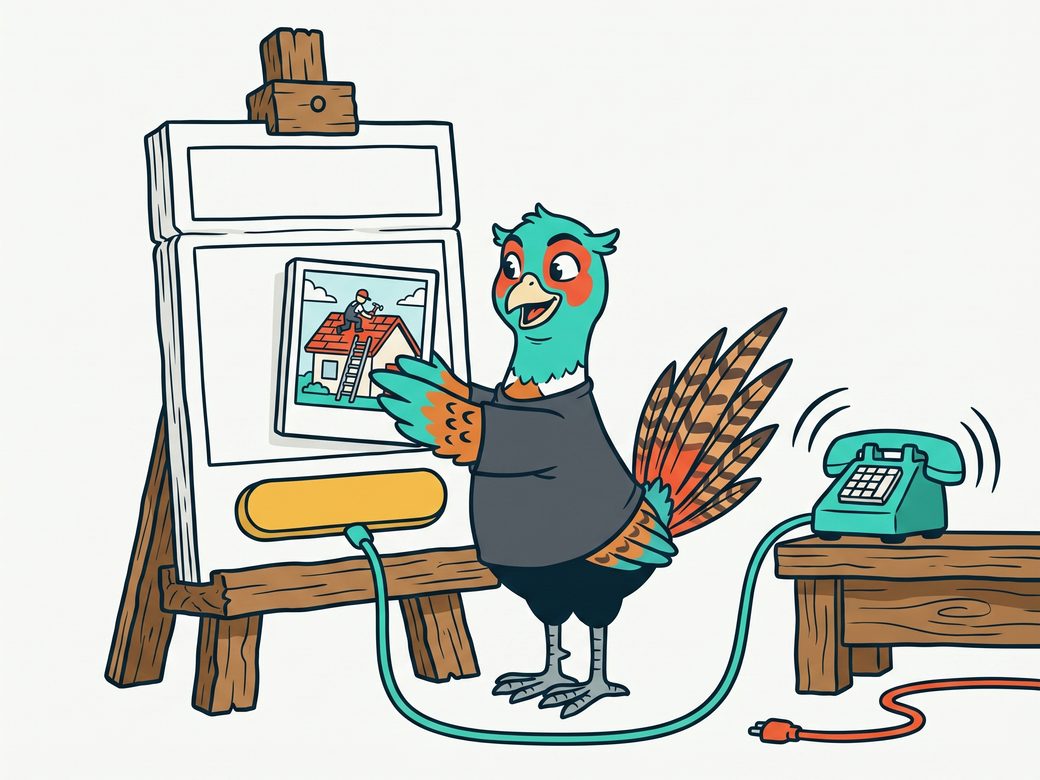 Cartoon pheasant Ringo assembling a Facebook ad on an easel, pressing a proof photo into place while a teal cord runs from the ad's button to a ringing phone