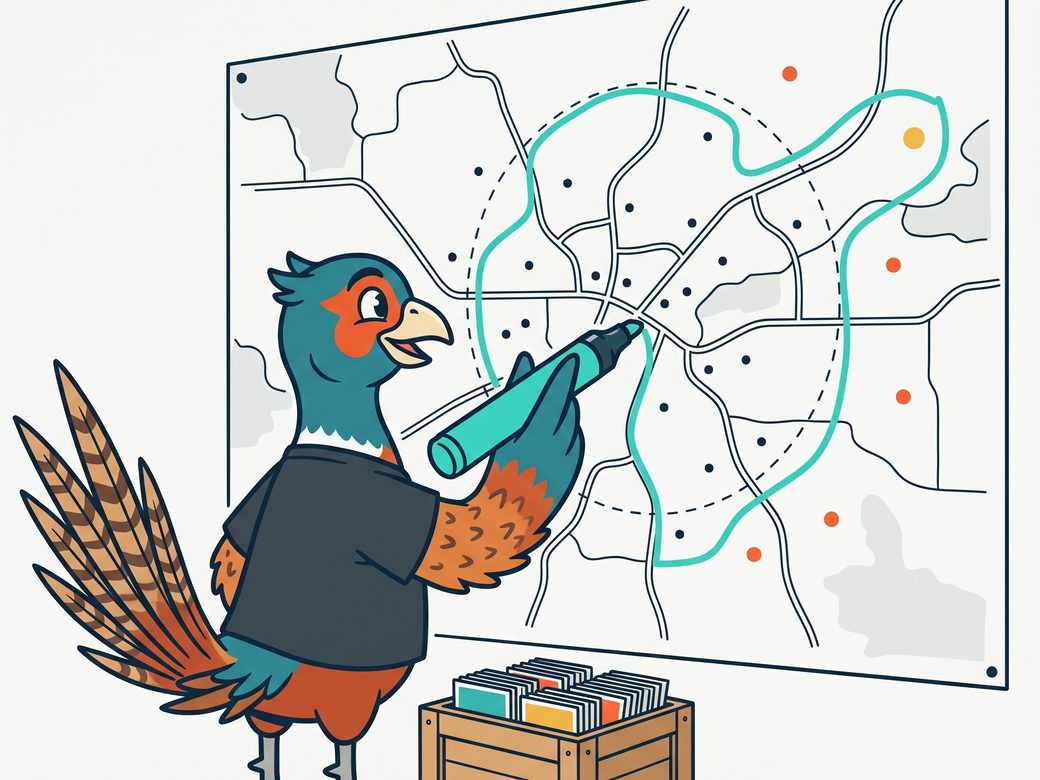 Cartoon pheasant Ringo at a wall map of eastern South Dakota, drawing a service area boundary with a marker while a crate of ad postcards waits at his feet