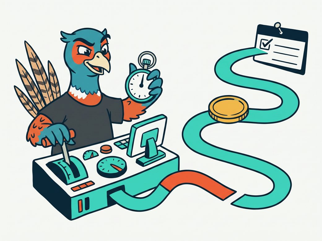 Cartoon pheasant Ringo standing at an ad dashboard, holding a stopwatch and steering a single glowing dollar toward a booked appointment card