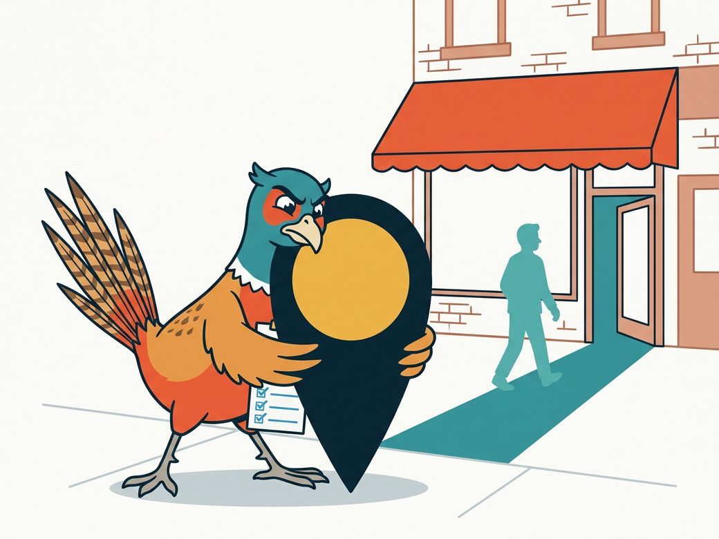 Cartoon pheasant Ringo steadying a tall red Google Maps pin in front of a small main street shop while holding a setup checklist