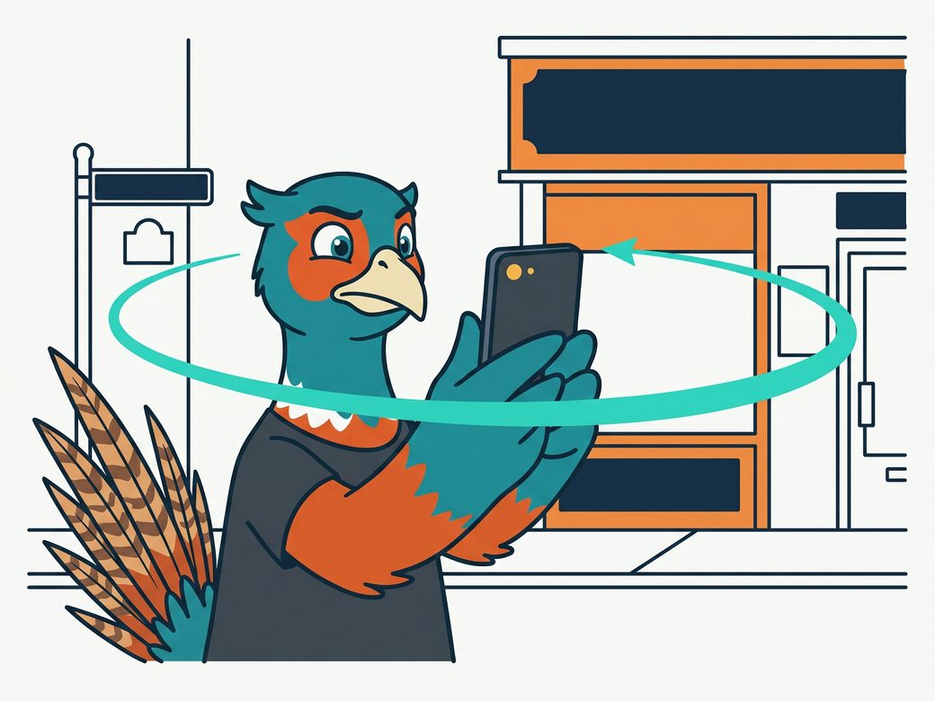 Cartoon pheasant Ringo filming a small shop front with a phone, capturing the street sign, the building number, and the storefront lettering in one continuous shot