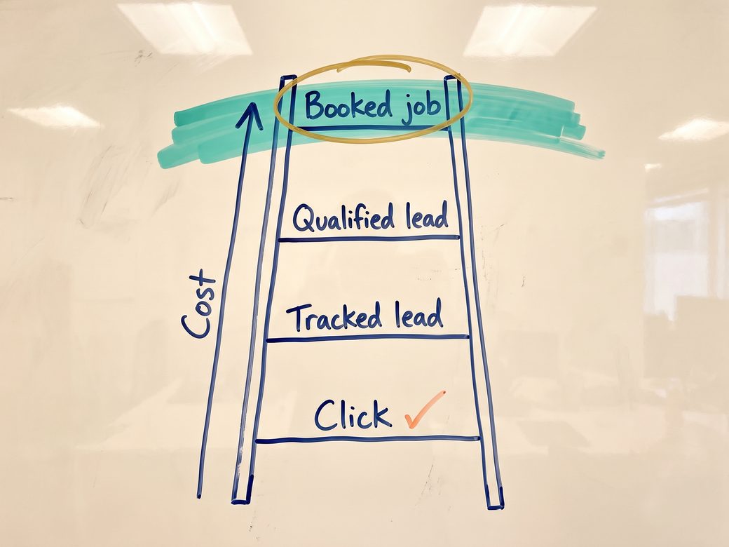 Whiteboard sketch of a four rung ladder labeled click, tracked lead, qualified lead, and booked job, with each rung marked as costing more than the one below it