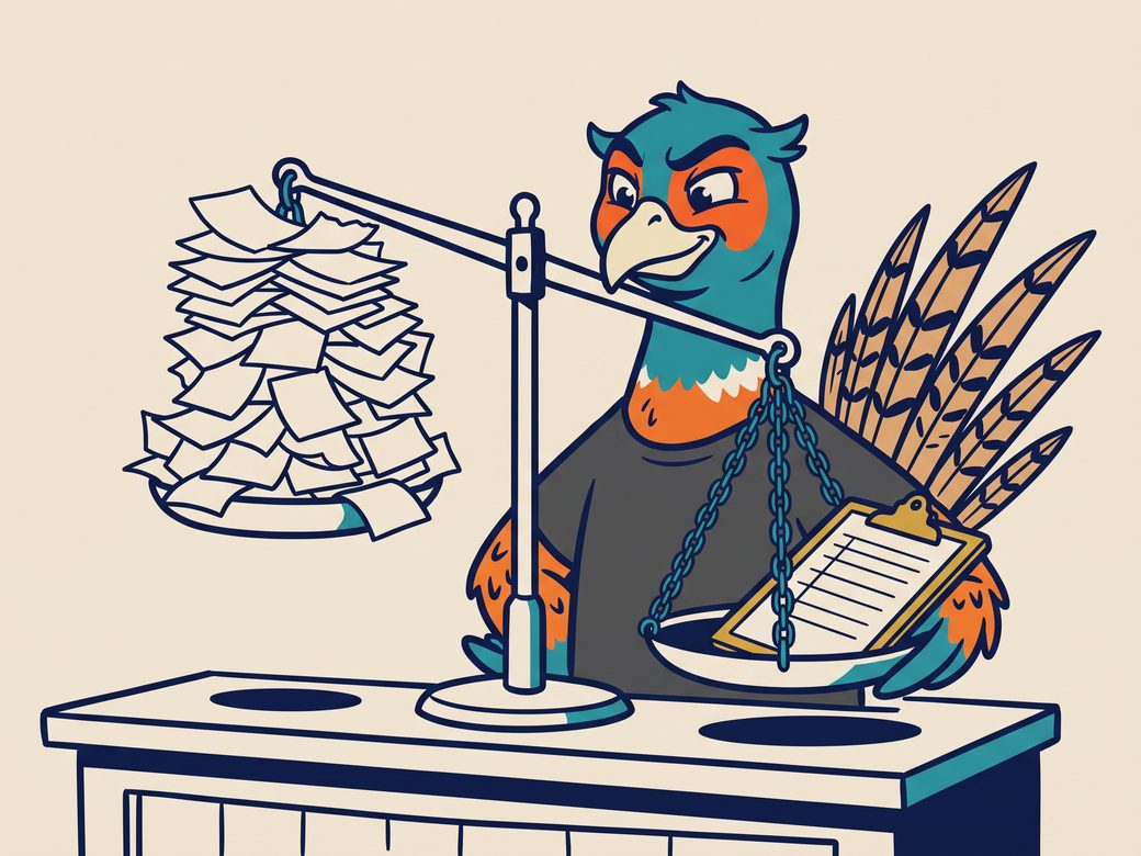 Cartoon pheasant Ringo behind a counter weighing a tall stack of small paper click slips against a single booked job work order on a balance scale