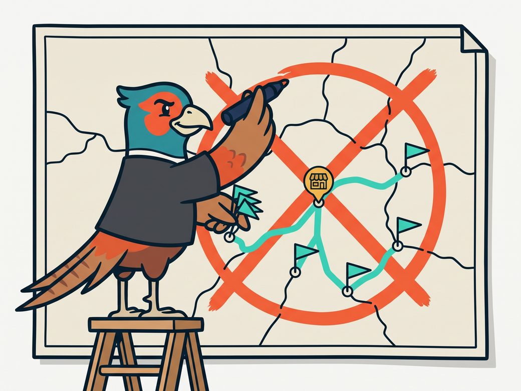 Cartoon pheasant Ringo at a wall map of eastern South Dakota, crossing out a wide drawn circle and pinning flags on the towns his crew actually drives to