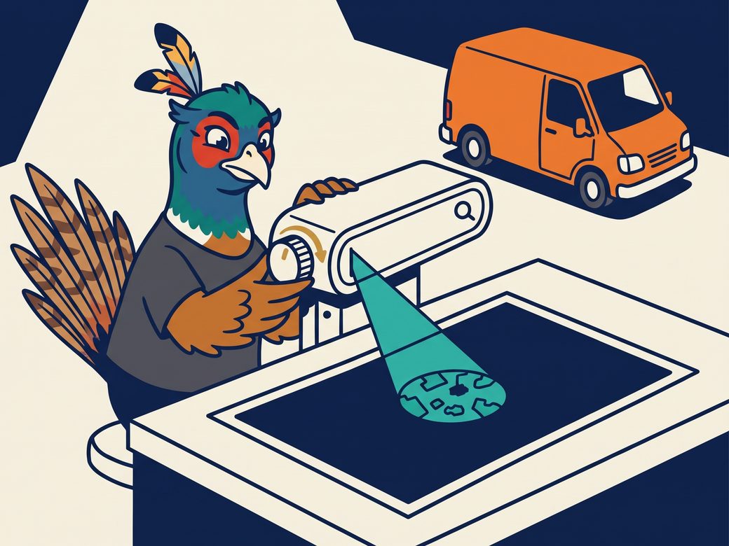 Cartoon pheasant Ringo turning a dial on an oversized search bar aimed at a small-town map, with a service van waiting behind him