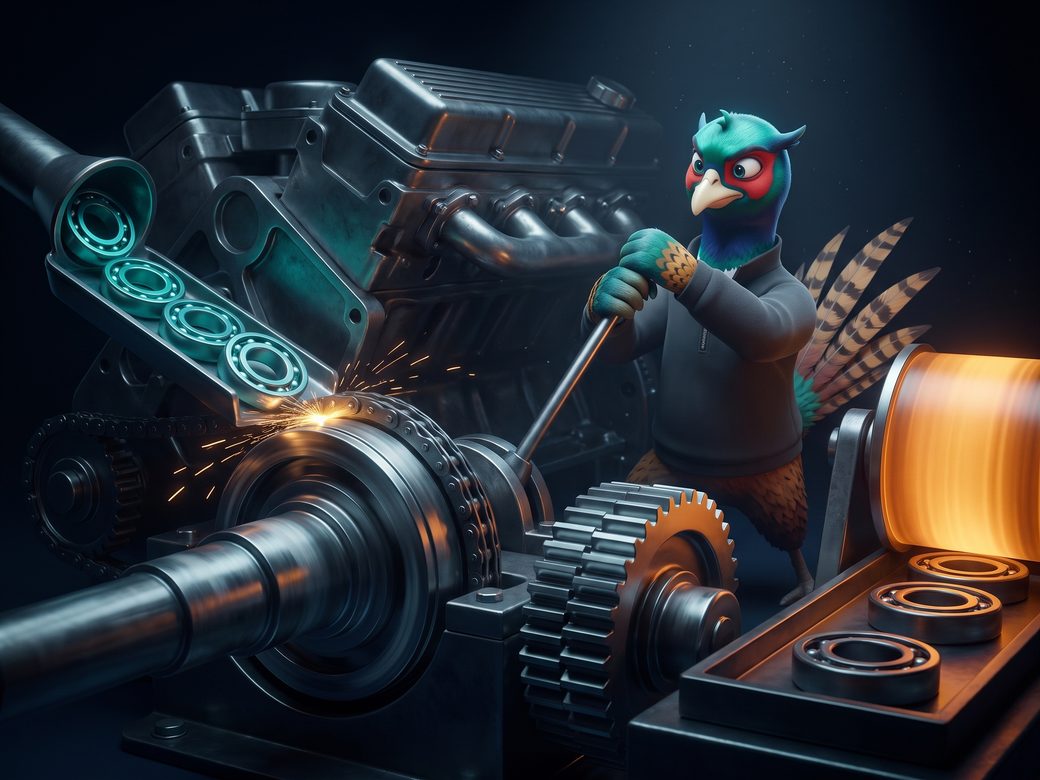 Dark navy 3D workshop scene of one monumental glossy engine with two different intake mechanisms feeding a single output shaft, where Ringo the pheasant in a charcoal quarter-zip pulls a heavy clutch lever to engage the first drive while the second gear sits visibly disengaged