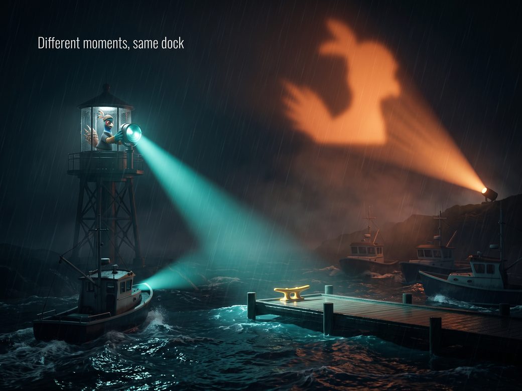 Dark navy 3D harbor at night where Ringo the pheasant aims a glowing signal beacon, guiding one boat that is already steaming toward the dock while a warm projector beam turns anchored boats toward the same landing