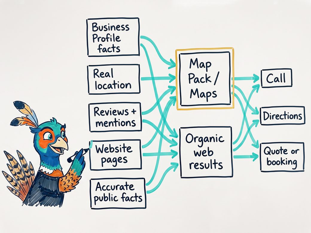 Cartoon pheasant Ringo at a whiteboard drawing five labeled inputs flowing into Map Pack and organic web results, then into call, directions, and booking actions