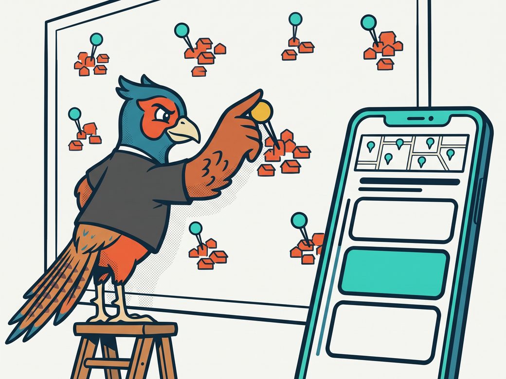 Cartoon pheasant Ringo at a large wall map of prairie towns, placing teal pins on nearby businesses while a customer phone lights up with a shortlist