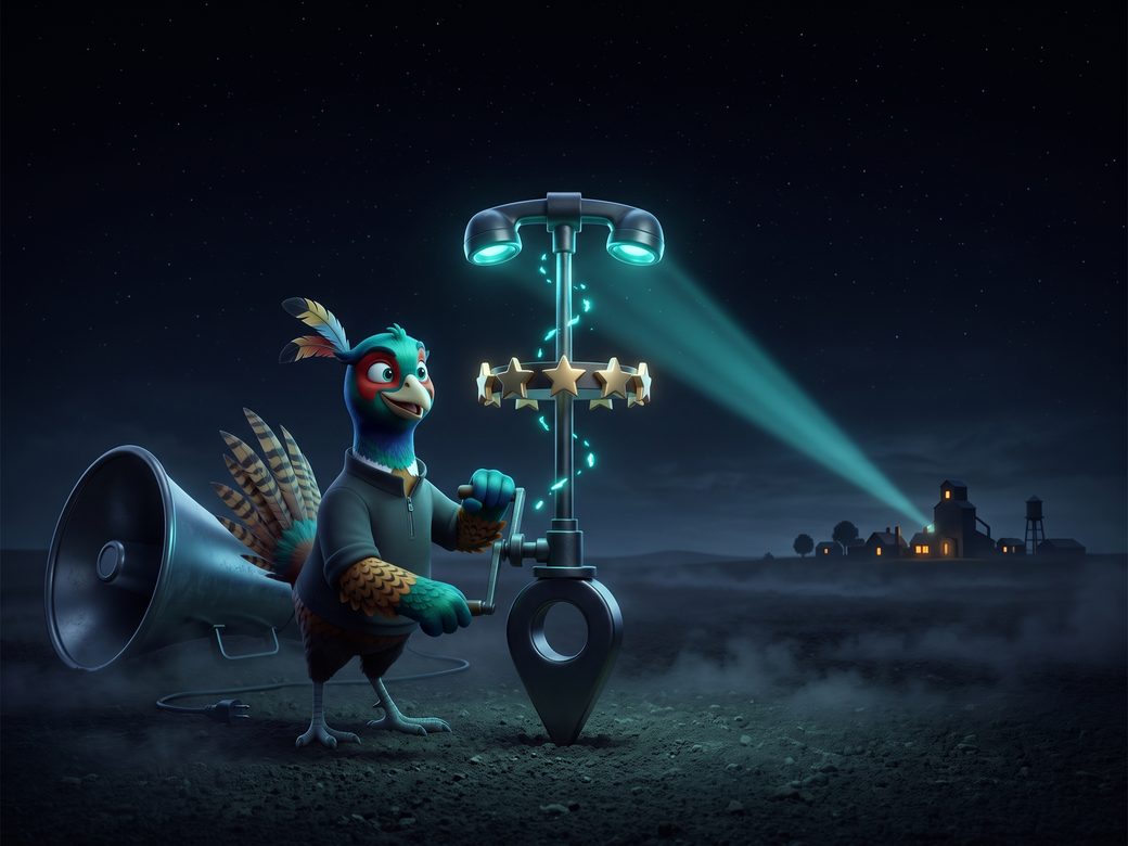 Dimensional 3D Ringo the pheasant in a charcoal quarter-zip hand-cranking a compact glossy signal tower built from a map pin base, a ring of review stars, and a phone receiver, sending a clean teal beam toward a tiny lit prairie town while an oversized chrome megaphone sits dark and unplugged behind him