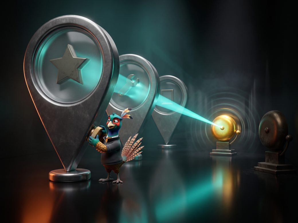 Dark cinematic scene of Ringo the pheasant aligning heavy map-pin lenses to focus a teal beam onto a ringing phone bell while a second bell sits dark outside the light