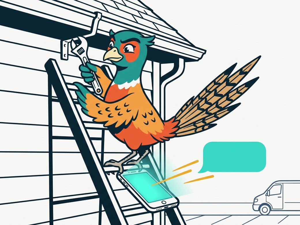 Cartoon of Ringo the pheasant on a ladder with a wrench while his phone on the rung below sends an automatic reply to a missed call