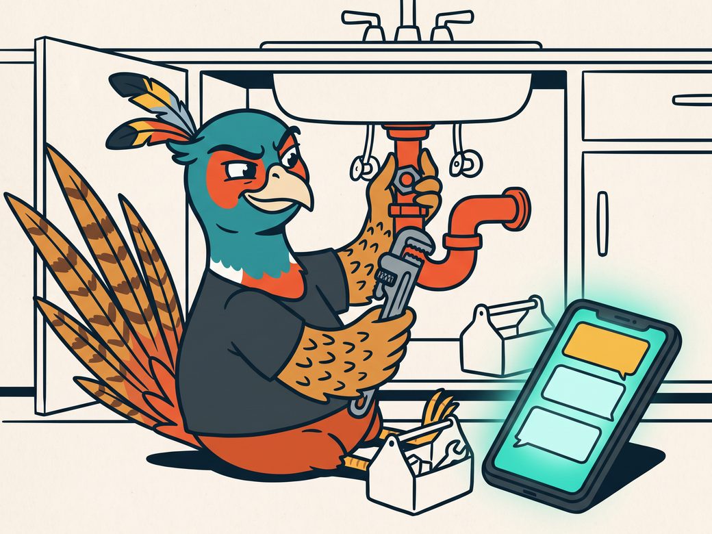 Cartoon of Ringo the pheasant in a charcoal shirt working under a sink with one wing while his phone answers a call on the floor beside him