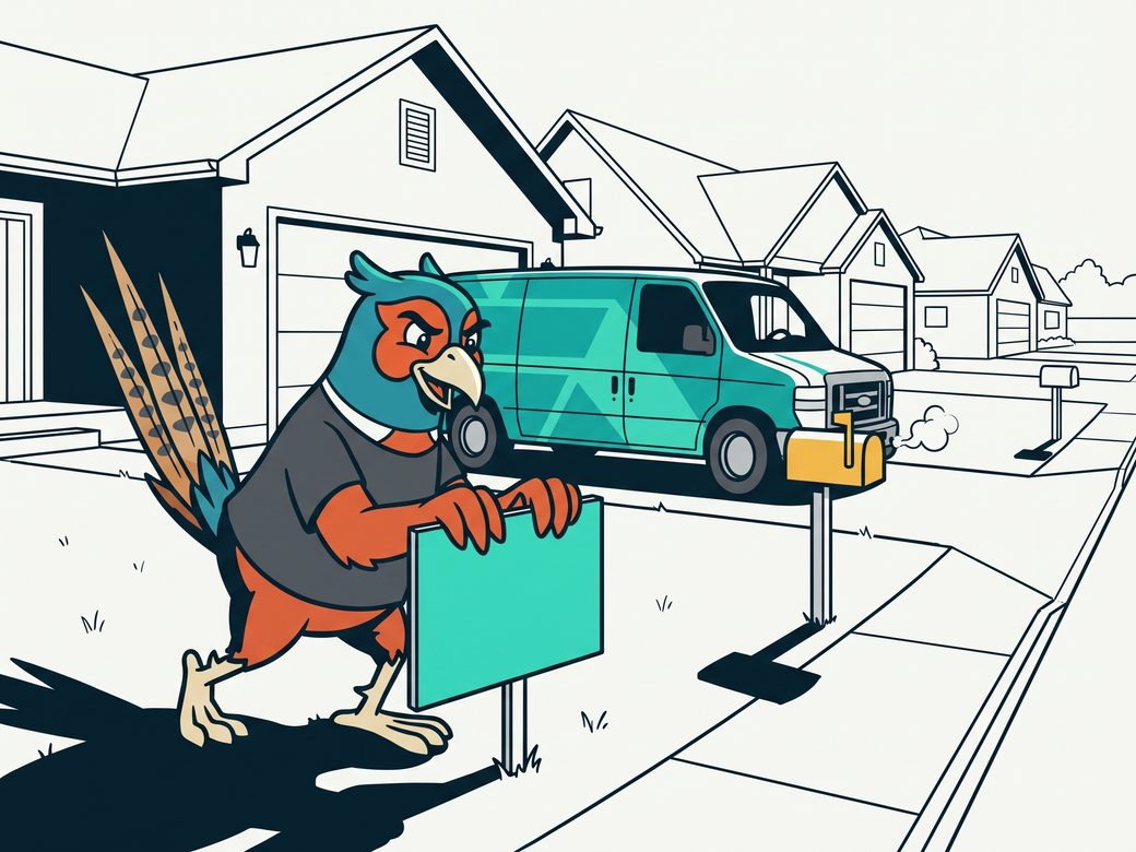 Cartoon of Ringo the pheasant planting a yard sign at the edge of a freshly finished lawn while a wrapped service van idles in the driveway