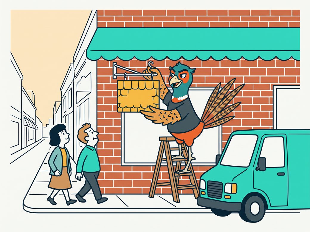 Cartoon of Ringo the pheasant in a charcoal shirt hanging a service sign outside a small-town storefront while neighbors walk past
