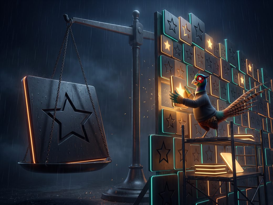 Ringo the pheasant on a scaffold in a dark cinematic scene, mounting rows of warm-lit star tiles onto a wall that outweighs one heavy black one-star tile on a huge balance