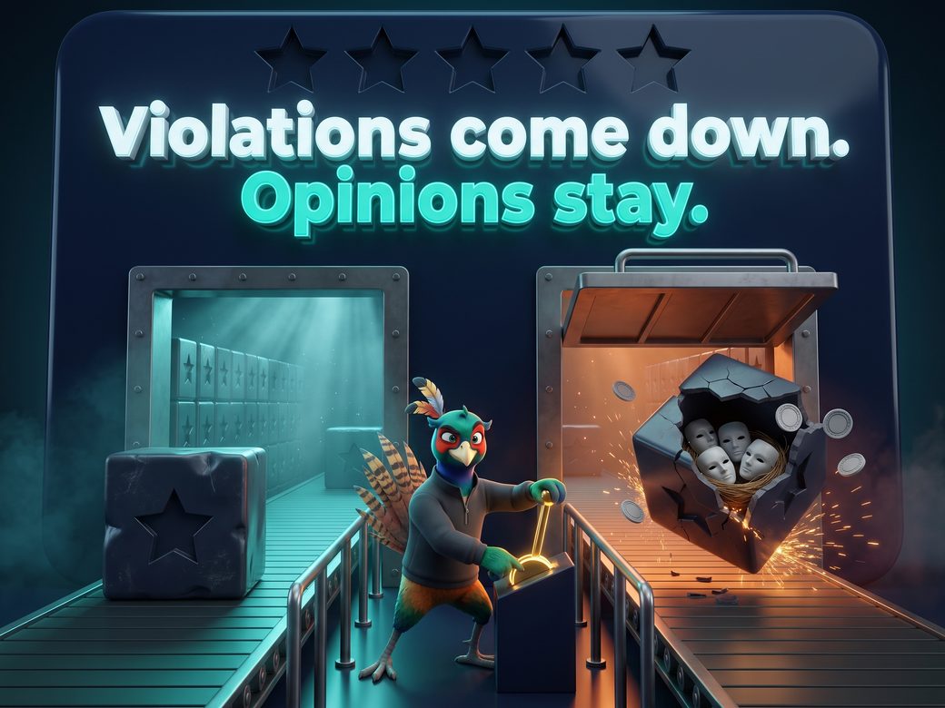 Dark cinematic 3D scene of Ringo the pheasant working an inspection gate inside a giant glowing review card, dropping a hollow counterfeit review block through a policy trapdoor while a scuffed real one-star block continues to the public wall