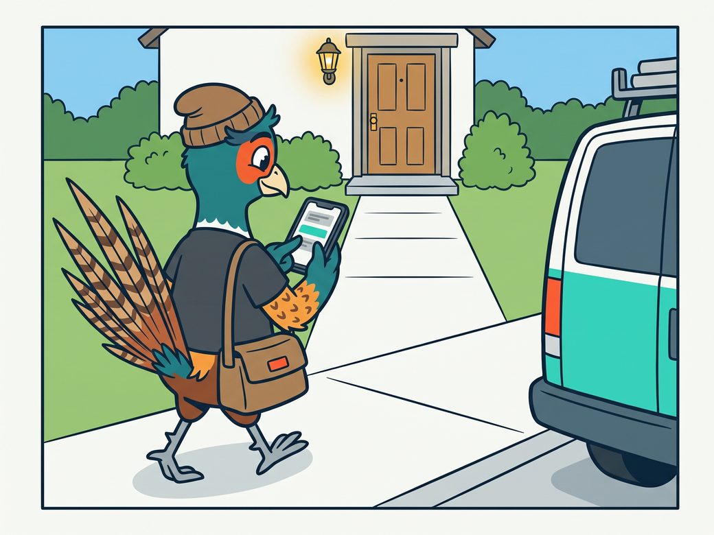 Cartoon pheasant Ringo stepping back toward his van from a customer's front door, tool bag on his shoulder, thumb typing a short text on his phone