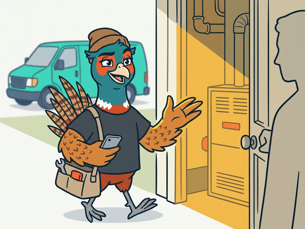 Cartoon pheasant Ringo finishing a service call in a customer's doorway, tool bag on his shoulder, making an easy one line ask with his phone still down at his side