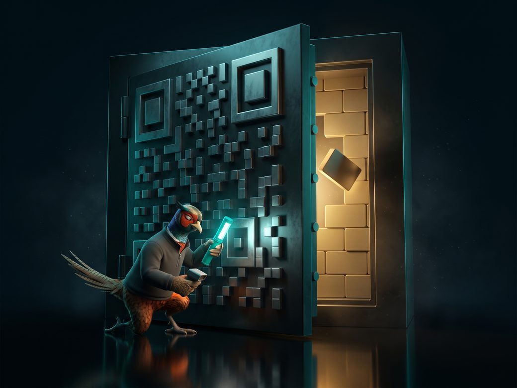 Dark navy scene of Ringo the pheasant inspecting a towering QR-coded vault door with a teal lamp as it opens onto a gold chamber of stacked review tiles