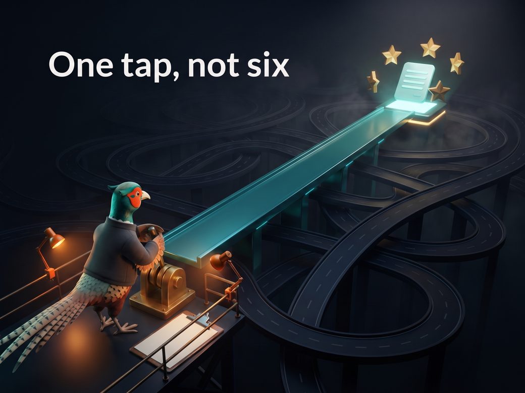 Dark navy cinematic scene of Ringo the pheasant in road-crew gear pulling a brass lever that lowers a glowing teal shortcut bridge across a tangled maze toward a lit review pedestal ringed with gold stars