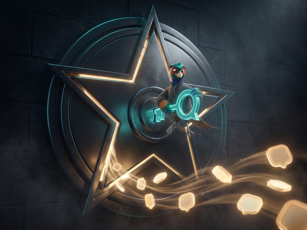 Dark cinematic poster of a colossal glossy star-shaped vault door set in black stone, 3D Ringo the pheasant in a charcoal quarter-zip turning a glowing teal speech-bubble key in the mechanism while a calm stream of warm gold review tokens flows out