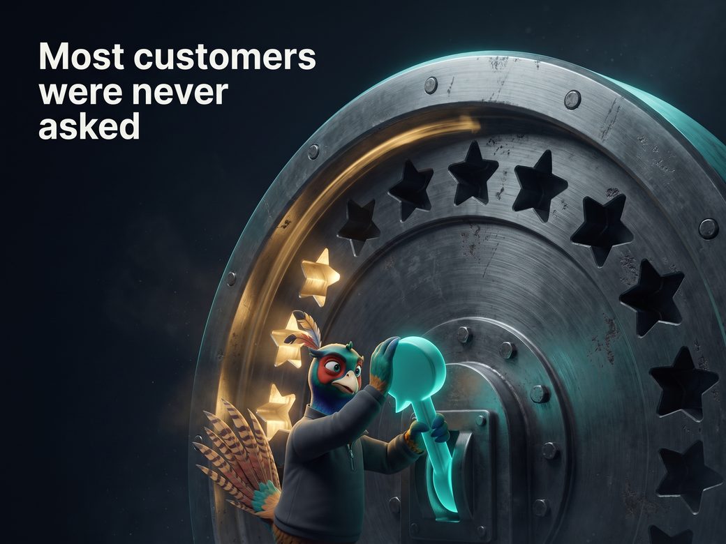 Dark cinematic poster of a huge dormant steel flywheel with dim star-shaped chambers around its rim, 3D Ringo the pheasant in a charcoal quarter-zip pulling a glowing speech-bubble lever as gold review lights begin to travel around the wheel