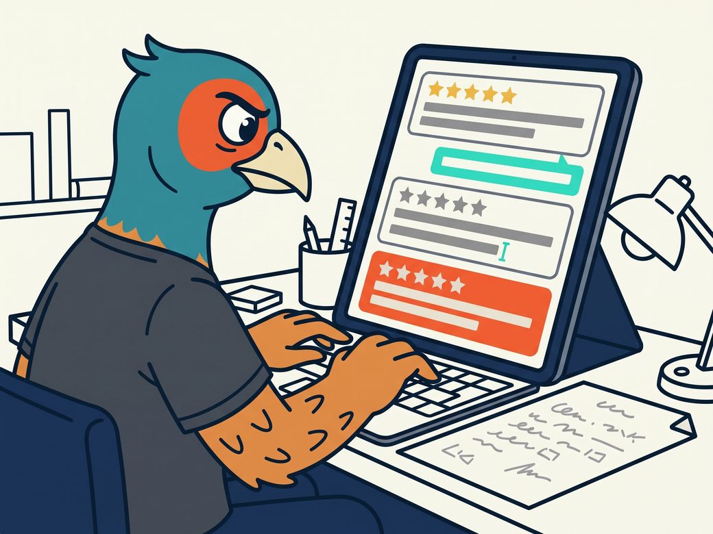 Cartoon pheasant Ringo at a shop desk typing a reply on a tablet that shows three Google review cards